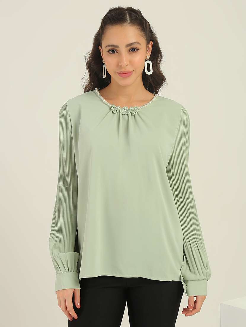 Women Green Solid Long Sleeves Top - 22438436 -  Standard Image - 2