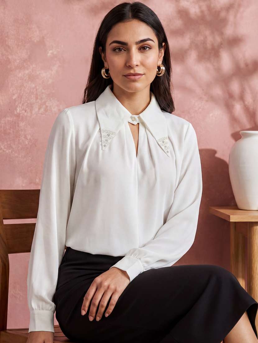 women white solid collared party wear top