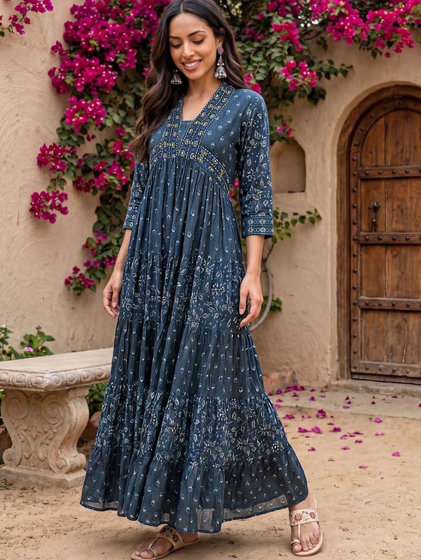 women blue rayon a-line ethnic dress