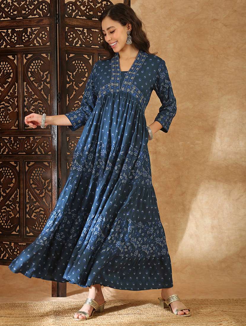women blue rayon a-line ethnic dress - 22438472 -  Standard Image - 2