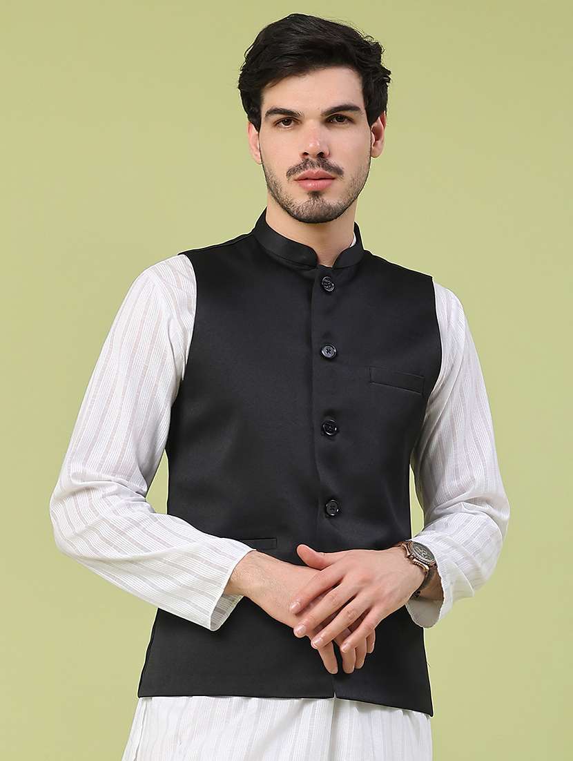 men solid mandarin neck regular fit nehru jacket - 22438642 -  Standard Image - 2