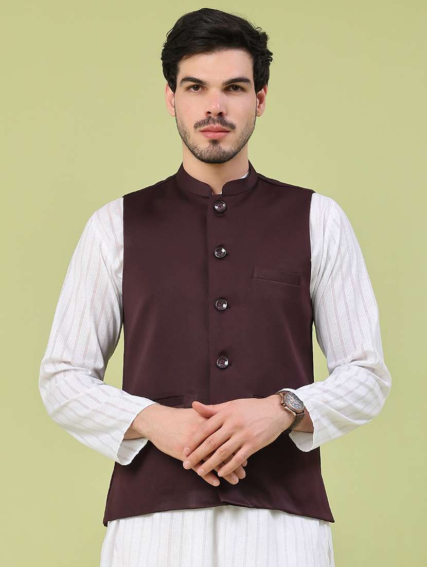 men solid mandarin neck regular fit nehru jacket - 22438643 -  Standard Image - 2