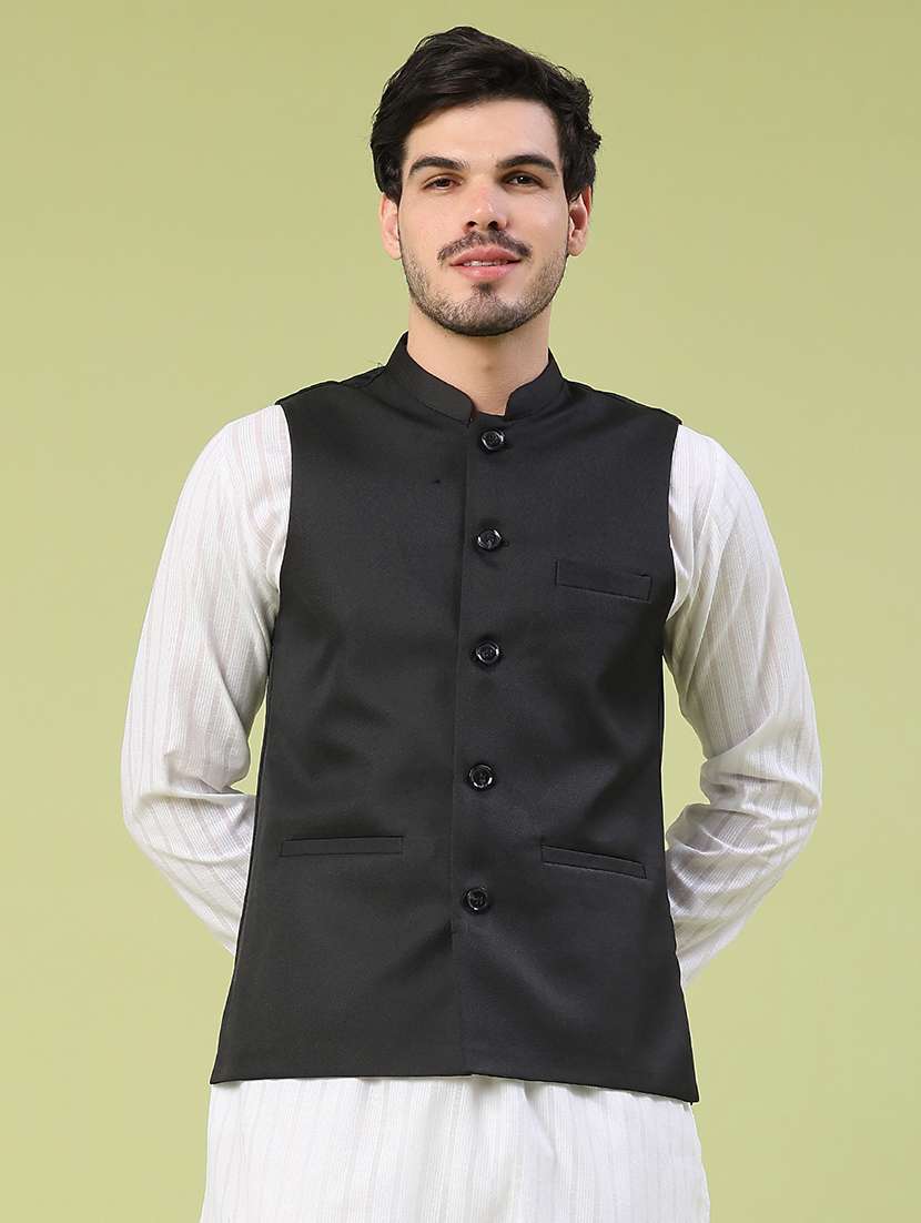 men solid mandarin neck regular fit nehru jacket - 22438645 -  Standard Image - 2