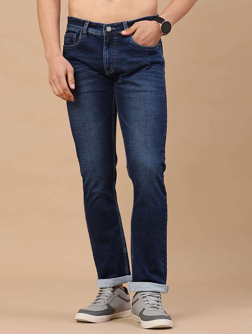 men washed mid rise full length tapered jeans