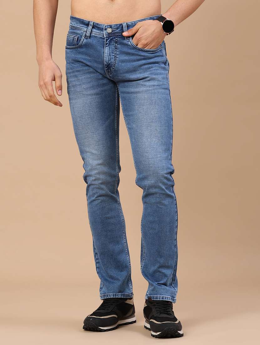 men washed mid rise full length slim fit jeans