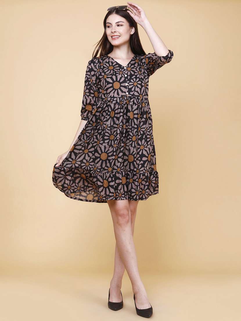 women printed v neck tiered dress - 22438995 -  Standard Image - 2