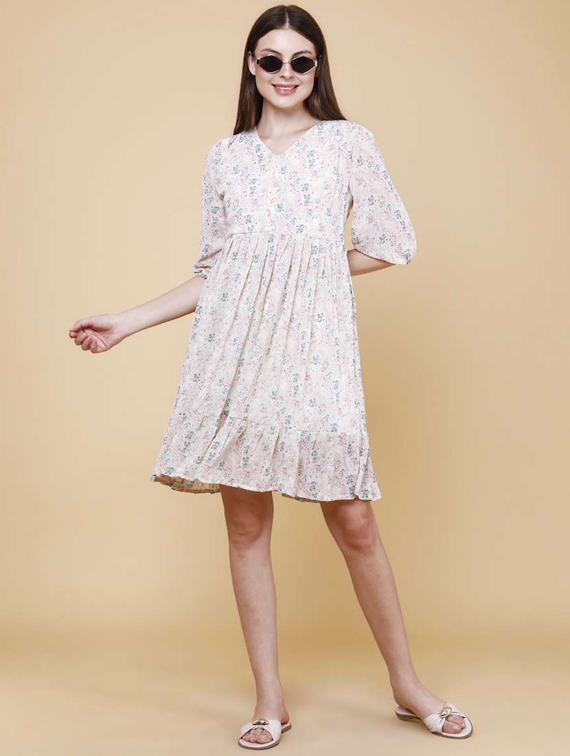 women printed v neck tiered dress