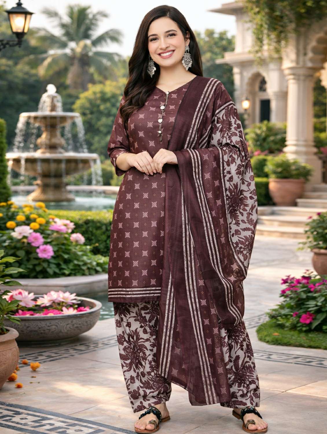 women printed three quarter sleeve kurta salwar with dupatta set