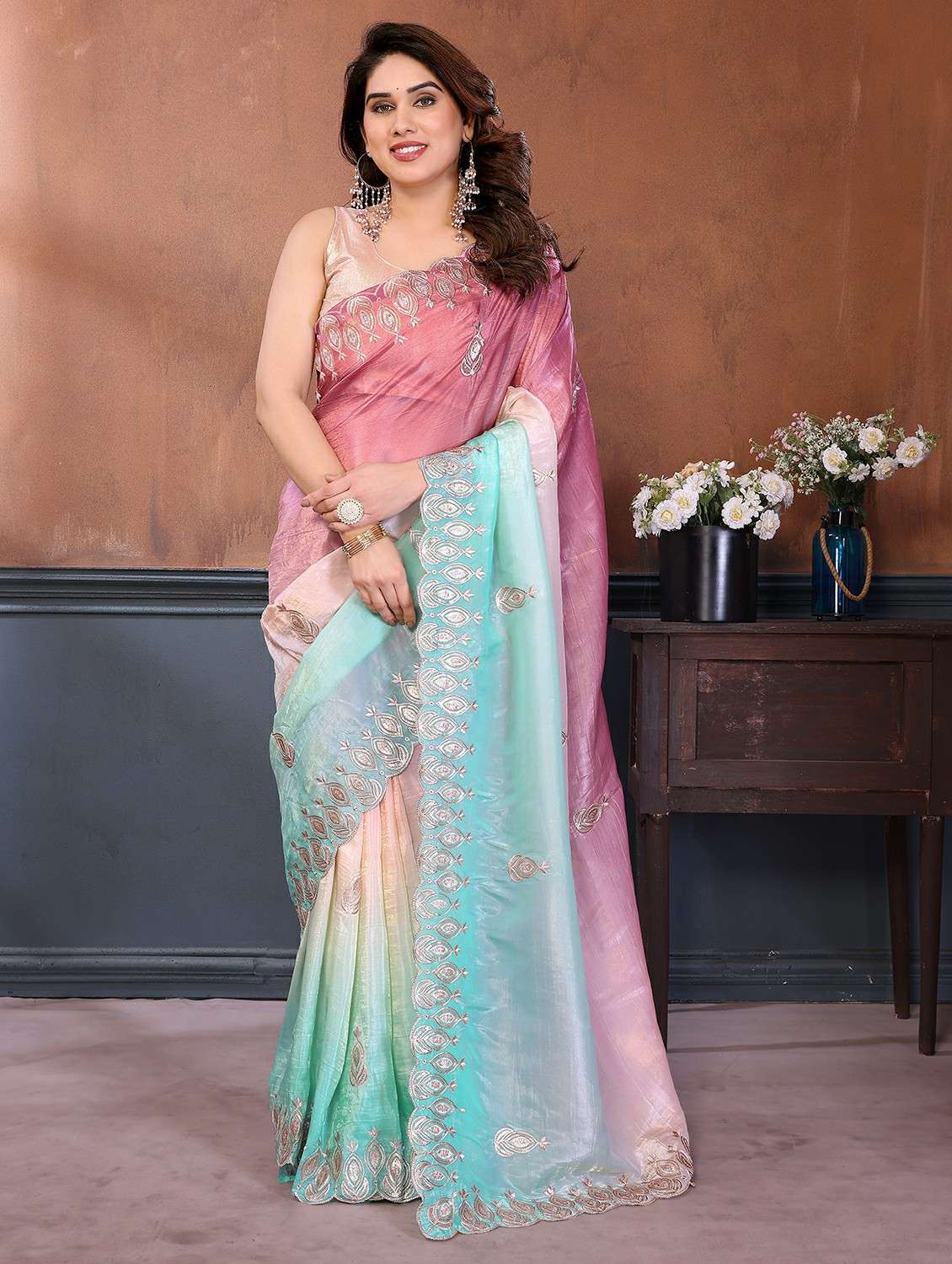 women ombre embroidered saree with blouse