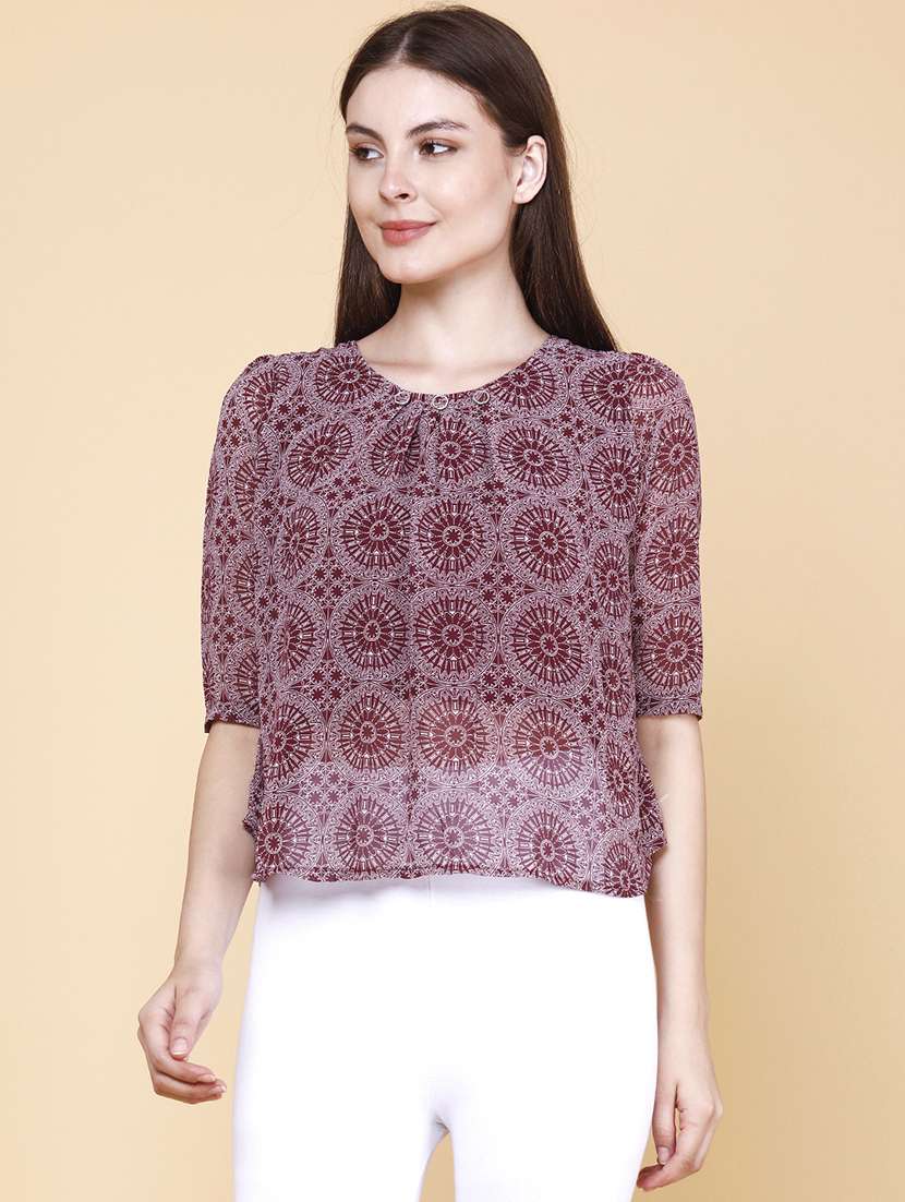 women printed round neck three quarter sleeves top - 22439445 -  Standard Image - 2