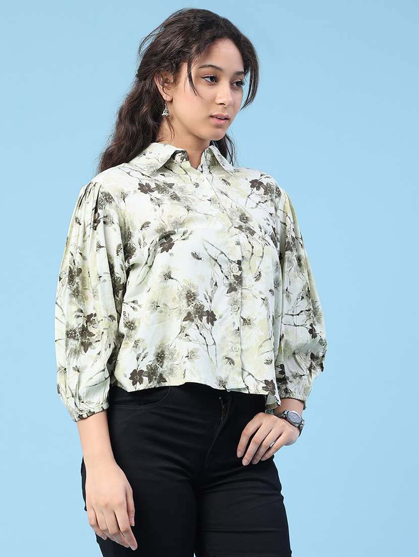 floral print mandarin collar light green cotton shirt - 22439464 -  Standard Image - 2