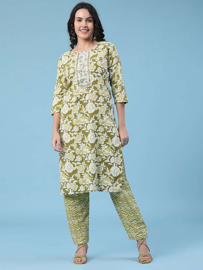 women printed three quarter sleeves kurta pant set with dupatta - 22439641 -  Standard Image - 2