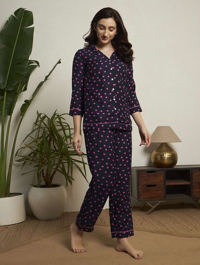 women blue  printed rayon pyjama set nightwear set - 22439822 -  Standard Image - 2