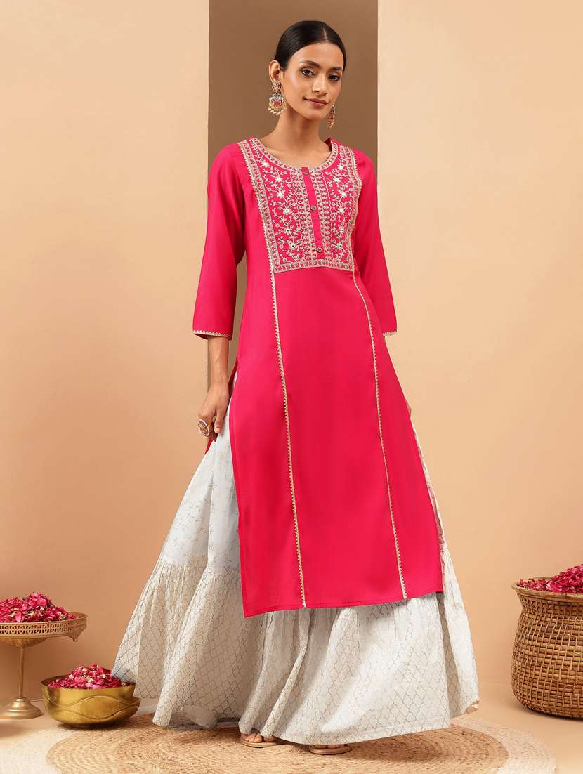 embroidered chanderi straight kurta 