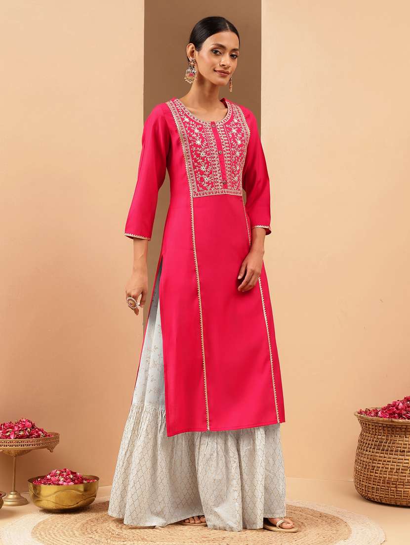 embroidered chanderi straight kurta  - 22439840 -  Standard Image - 2
