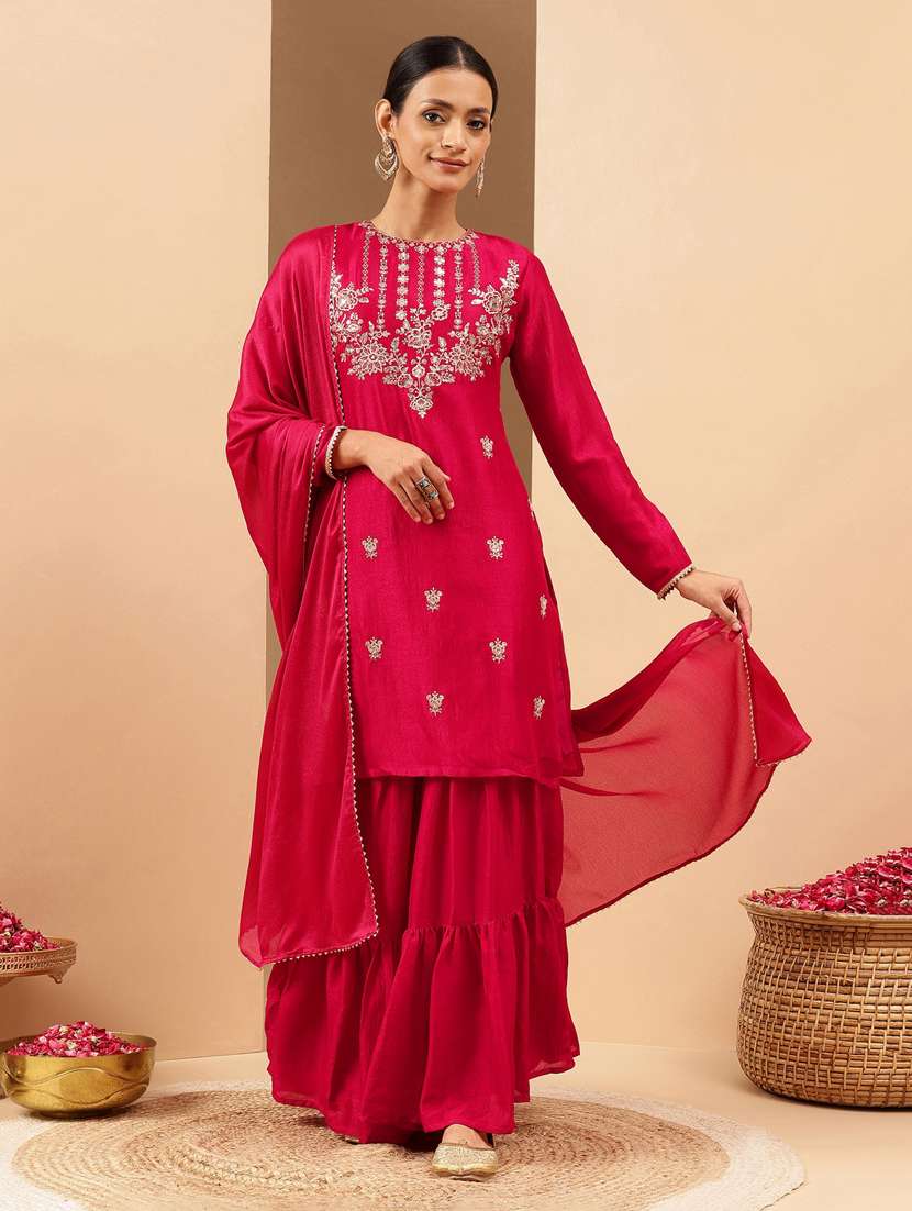 pink silk blend kurta sharara  set