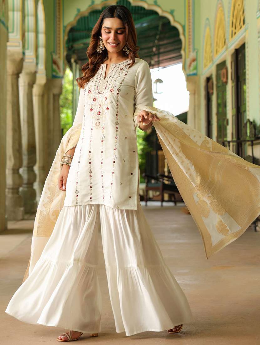 off white embroidered kurta sharara set - 22439852 -  Standard Image - 2