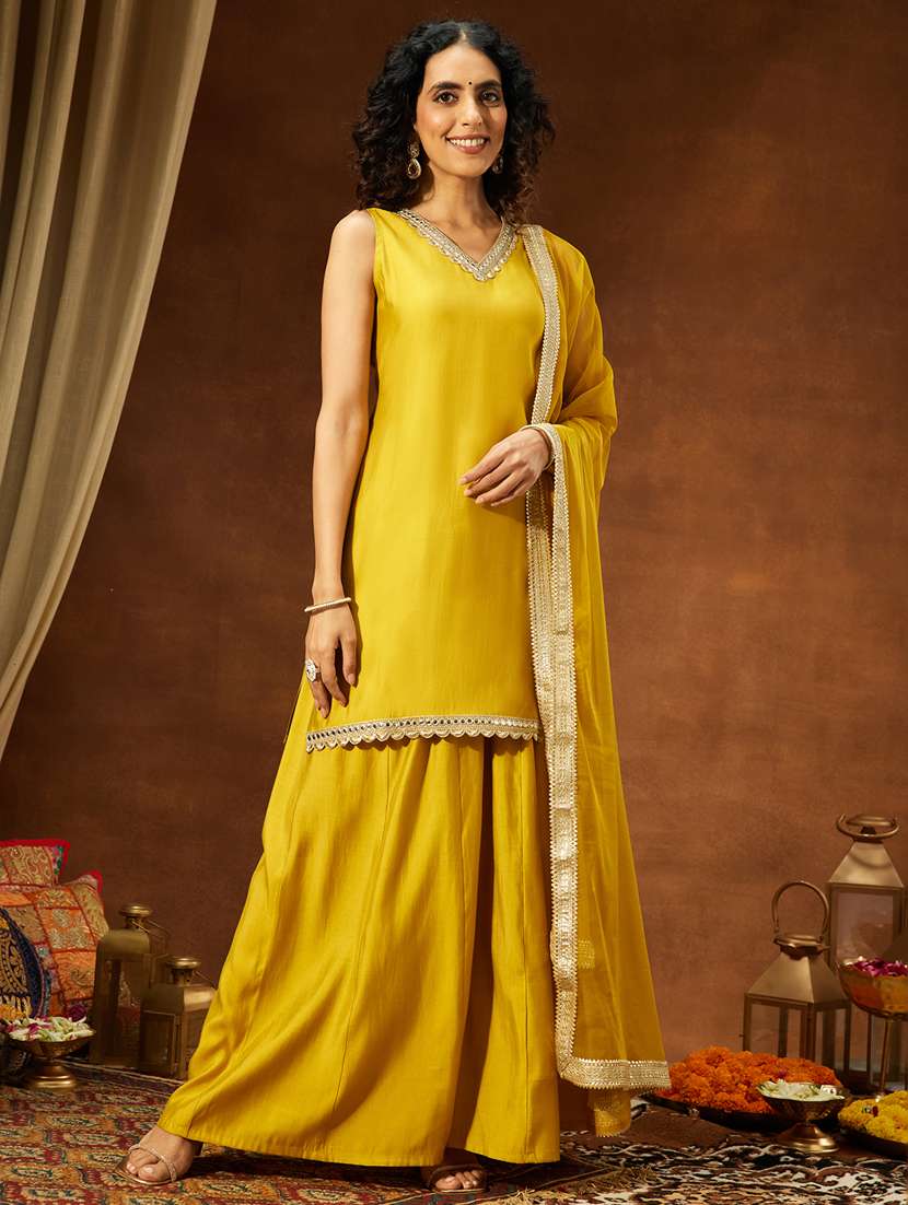 yellow chanderi kurta sharara dupatta set