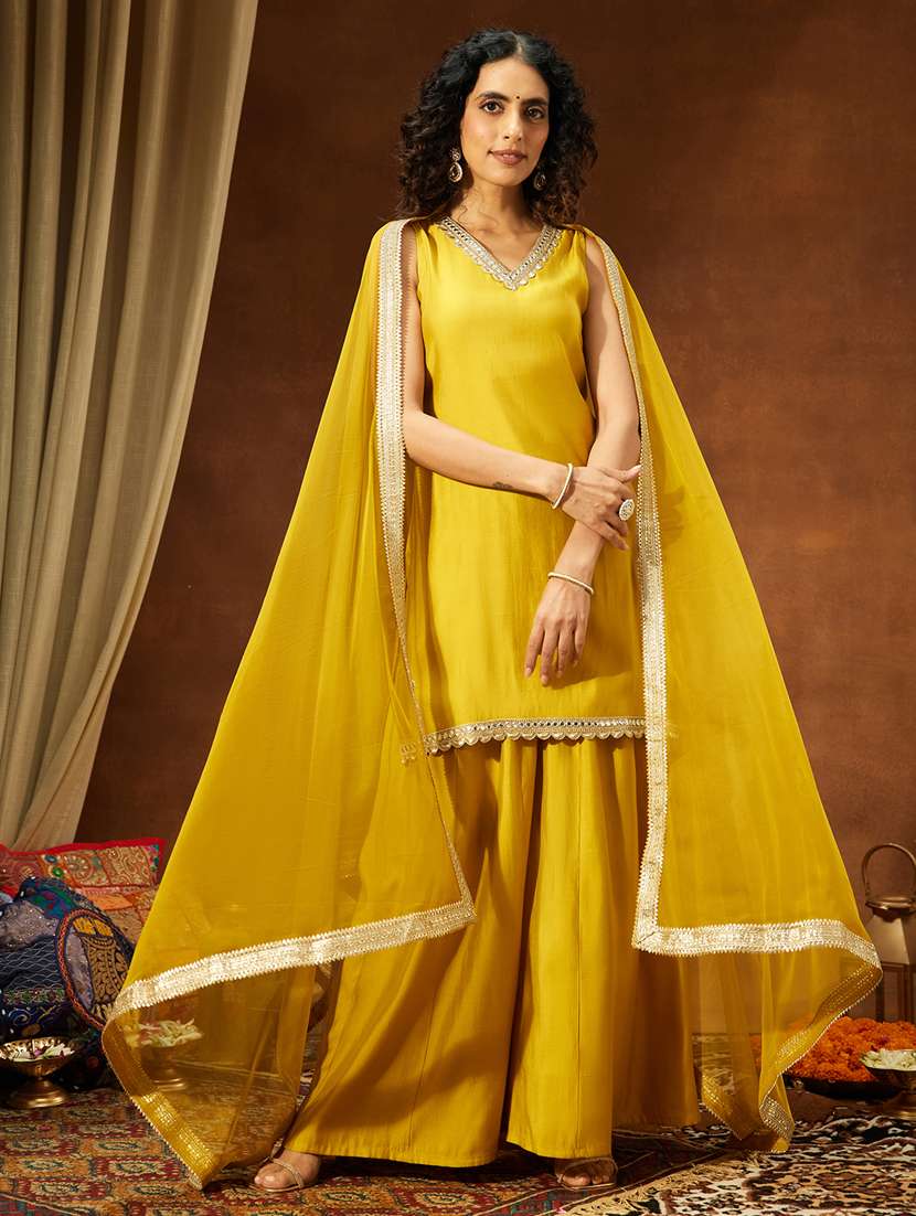 yellow chanderi kurta sharara dupatta set - 22439853 -  Standard Image - 2