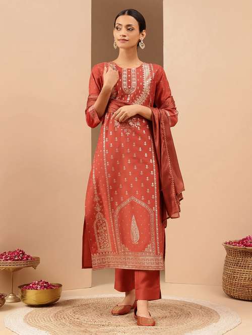 Rust Muslin Kurta Dupatta  Set