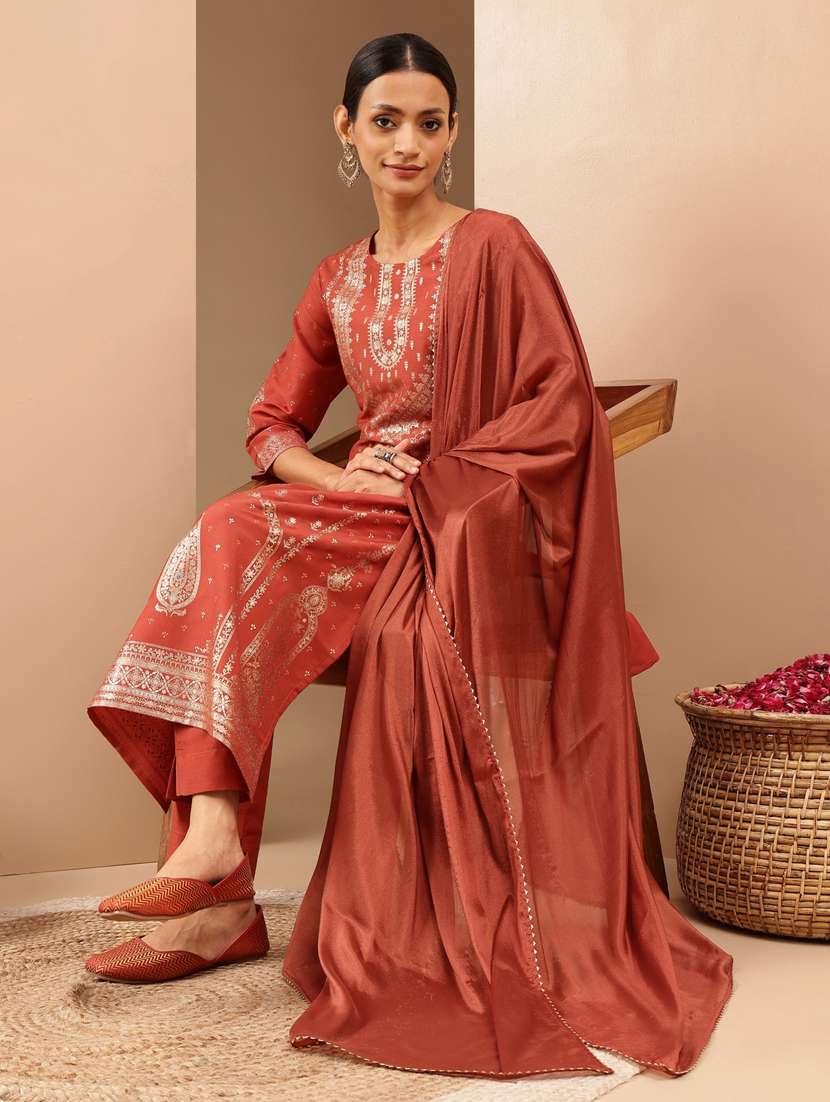 rust muslin kurta dupatta  set - 22439858 -  Standard Image - 2