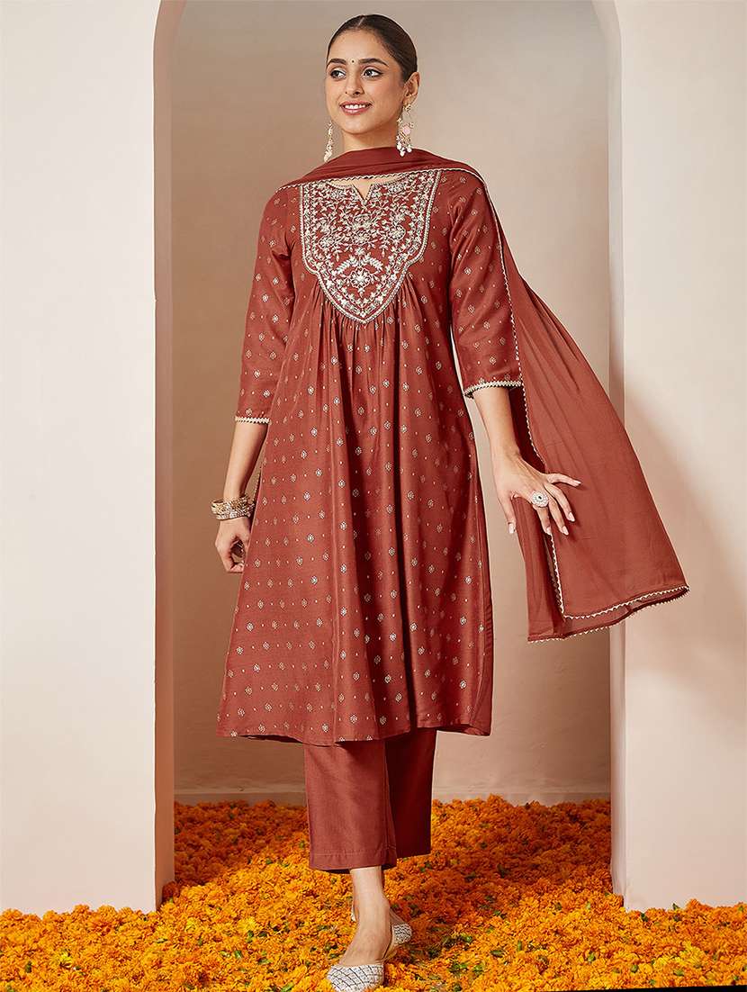 women rust kurta dupatta set - 22439877 -  Standard Image - 2