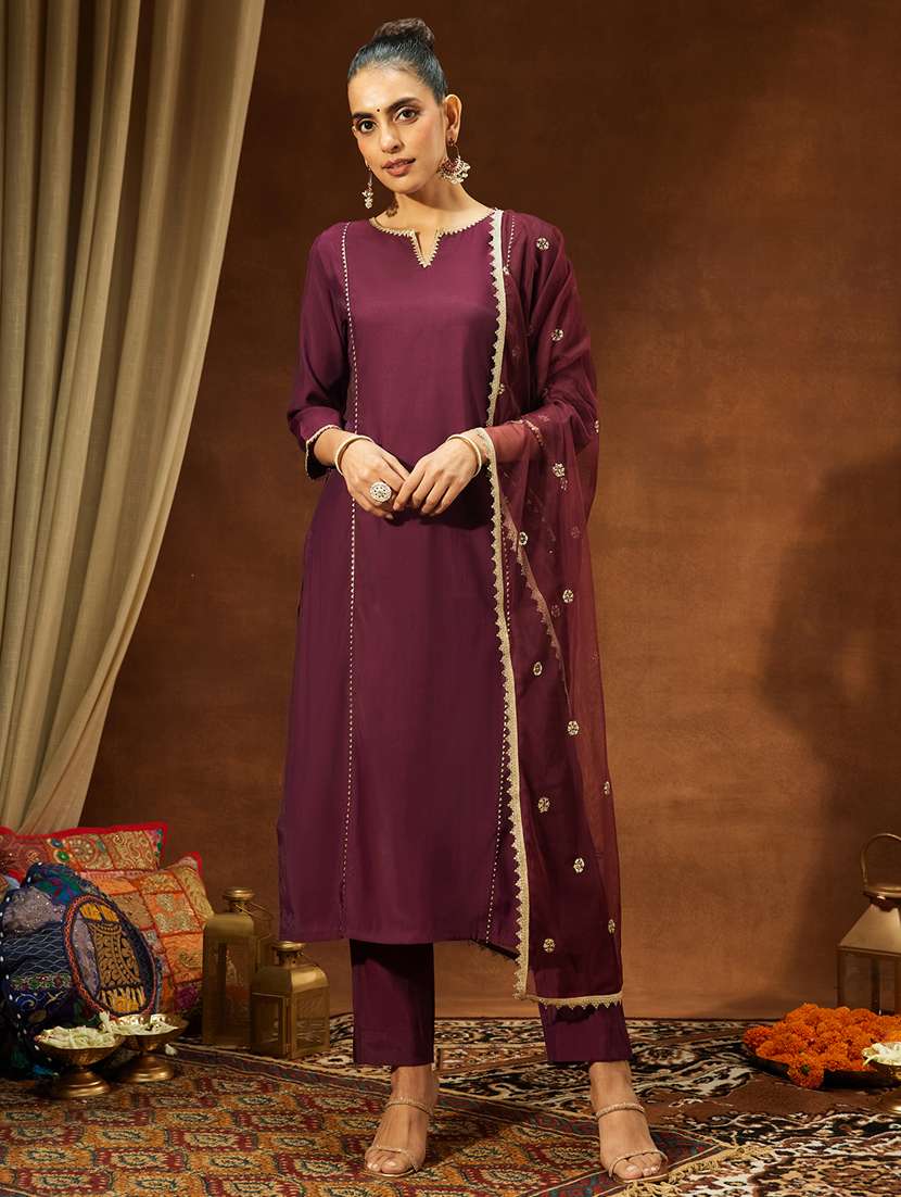 Women Three Quarter Sleeve Kurat And Pant With Dupatta Set - 22439937 -  Standard Image - 2