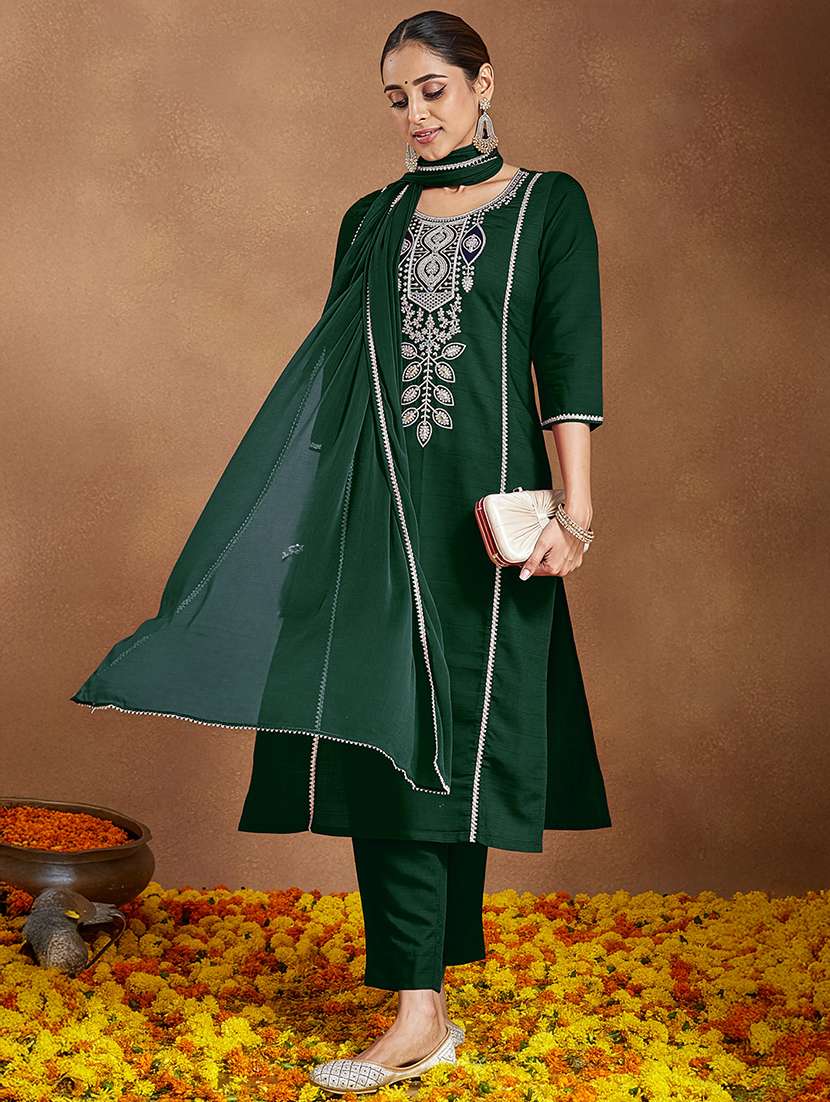 Women Bottle Green Kurta Dupatta Set - 22439974 -  Standard Image - 2