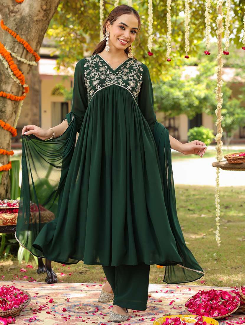 women floral embroidered green georgette kurta dupatta set