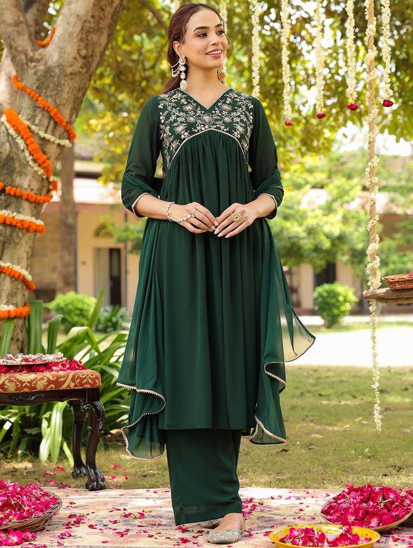 women floral embroidered green georgette kurta dupatta set - 22440037 -  Standard Image - 2
