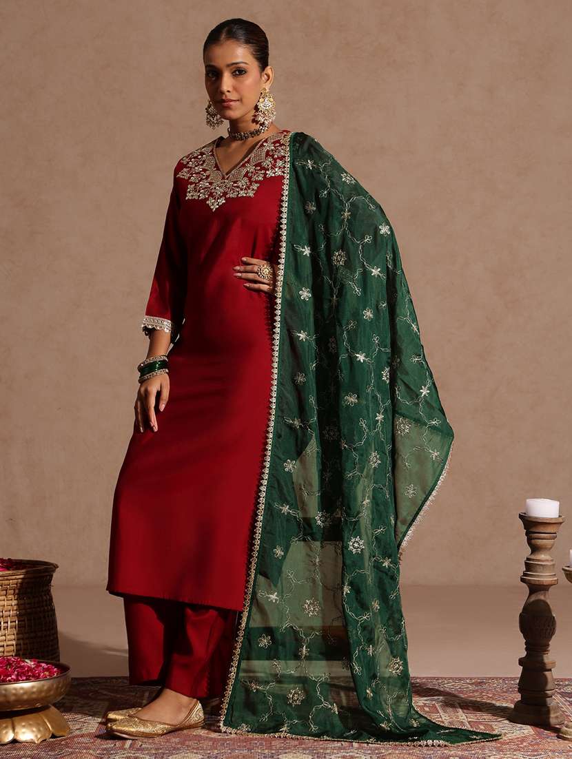 women embroidered three quarter sleeve kurta pant with dupatta set - 22440054 -  Standard Image - 2