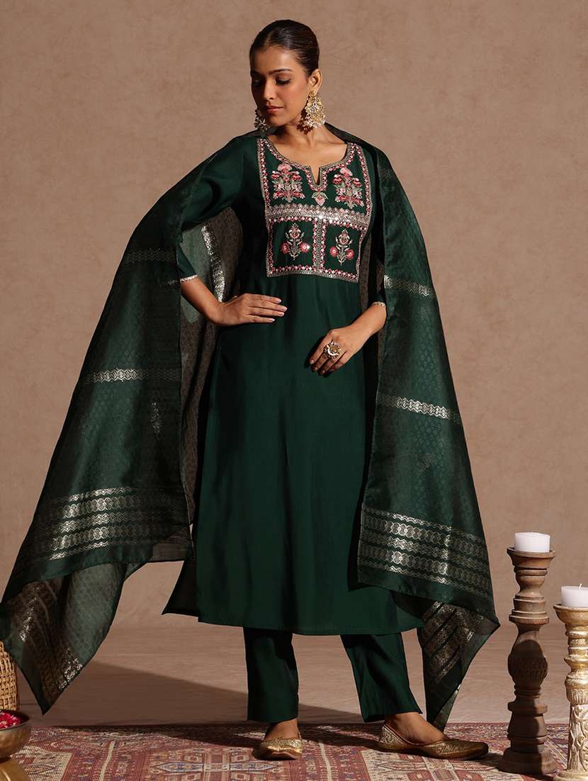 women bottle green kurta dupatta set - 22440057 -  Standard Image - 2
