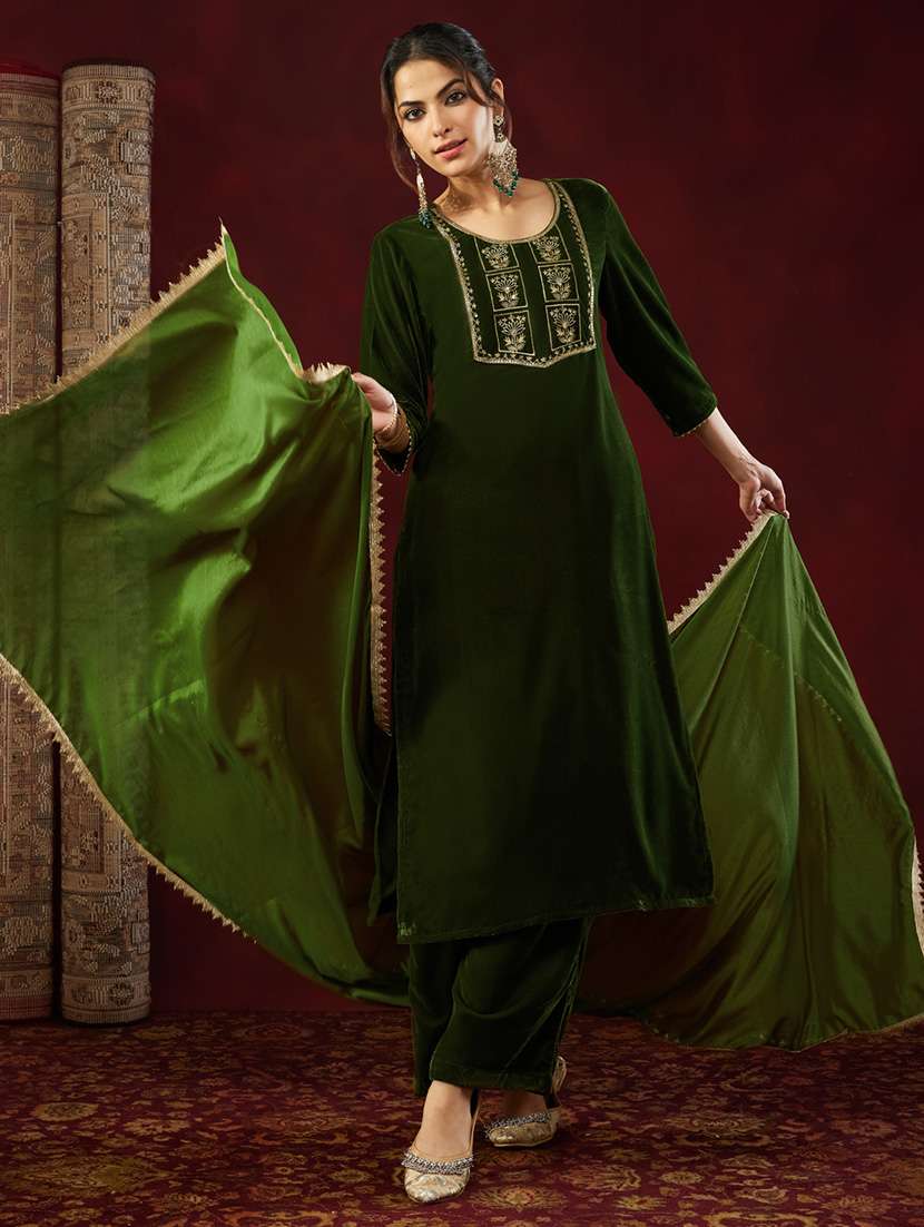 Women Olive Kurta Dupatta Set - 22440061 -  Standard Image - 2