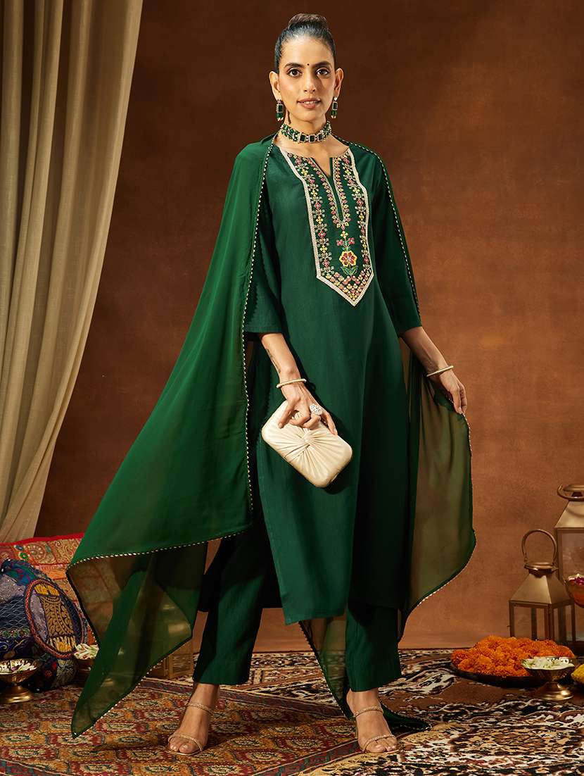 women bottle green kurta dupatta set - 22440075 -  Standard Image - 2