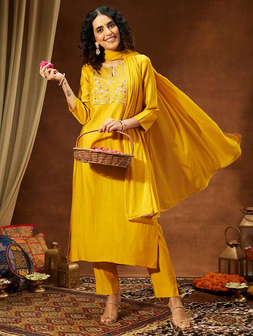 women mustard kurta dupatta set - 22440076 -  Standard Image - 2