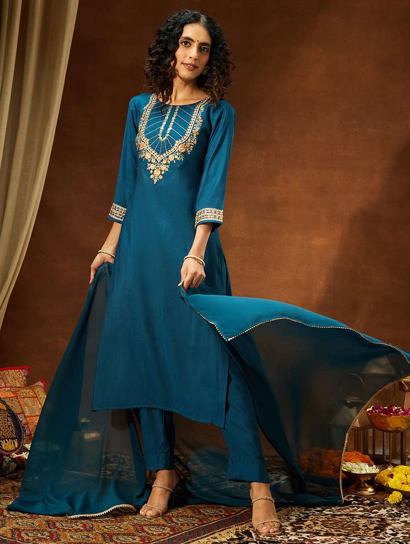 women teal kurta dupatta set - 22440077 -  Standard Image - 2
