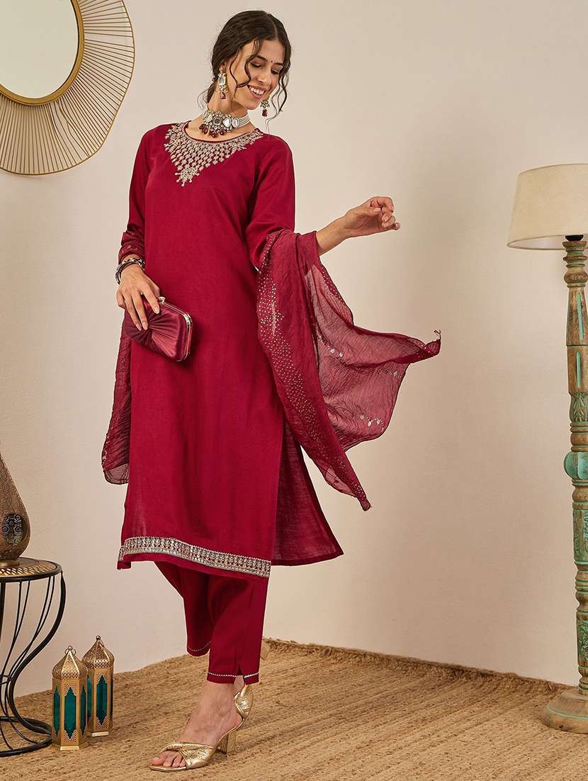 women solid with work three quarter sleeve kurta pant with dupatta set - 22440114 -  Standard Image - 2