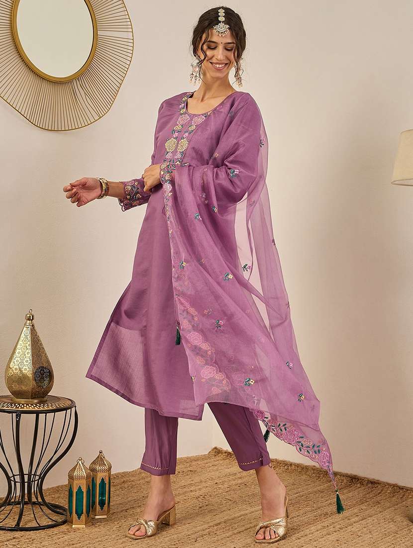 women solid with work three quarter sleeve kurta pant with dupatta set - 22440123 -  Standard Image - 2