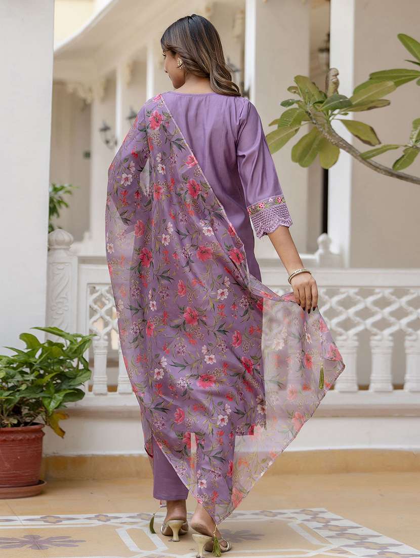 women solid with work three quarter sleeve kurta pant with dupatta set - 22440137 -  Standard Image - 2