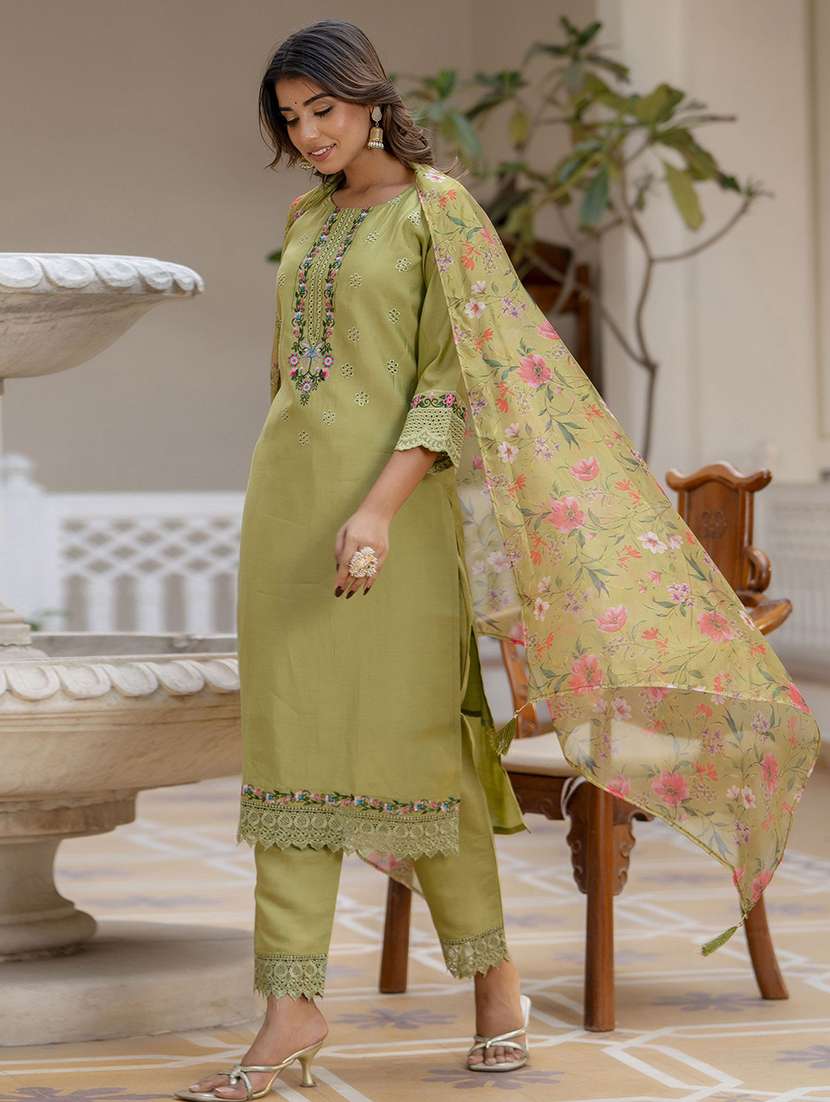women solid with work three quarter sleeve kurta pant with dupatta set - 22440138 -  Standard Image - 2