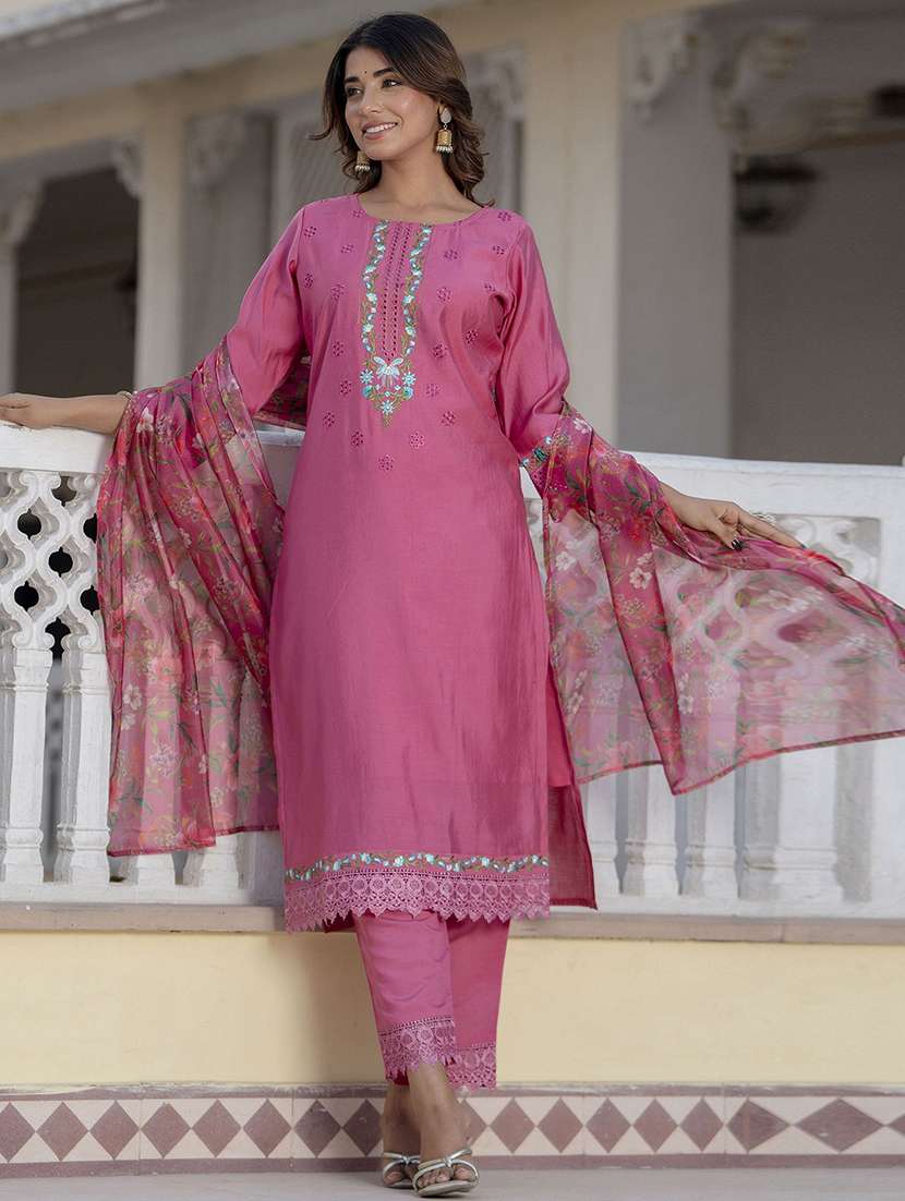 women solid with work three quarter sleeve kurta pant with dupatta set - 22440139 -  Standard Image - 2