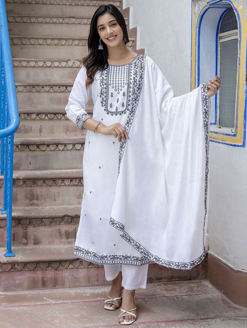 Women Solid With Work Three Quarter Sleeve Kurta Pant With Dupatta Set - 22440146 -  Standard Image - 2