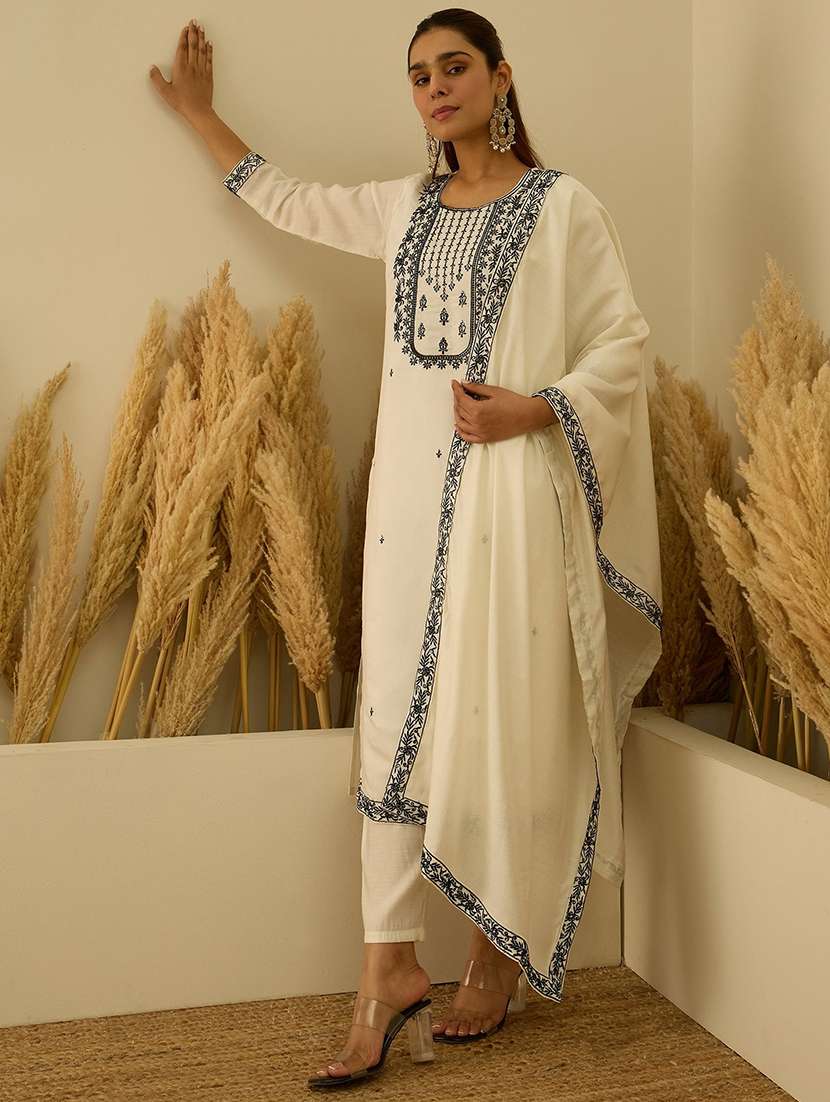 Women Solid With Work Three Quarter Sleeve Kurta Pant With Dupatta Set - 22440149 -  Standard Image - 2