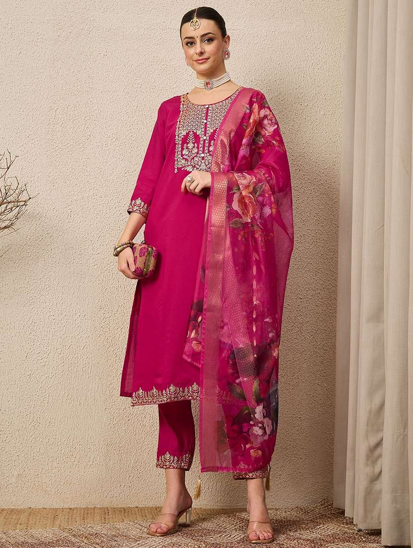 women solid with work three quarter sleeve kurta pant with dupatta set - 22440152 -  Standard Image - 2