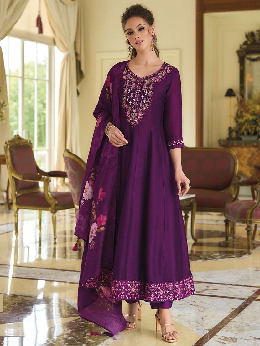 women self design purple kurta dupatta set - 22440209 -  Standard Image - 2