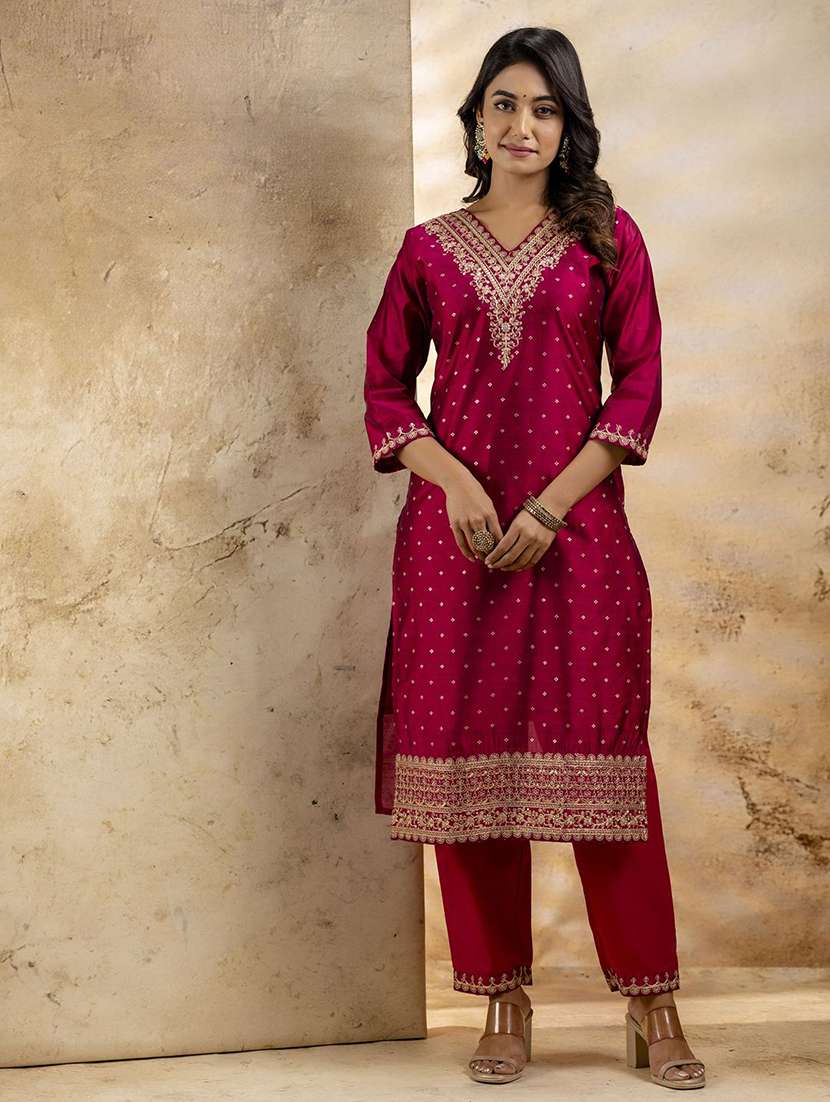 women self design red kurta dupatta set - 22440235 -  Standard Image - 2