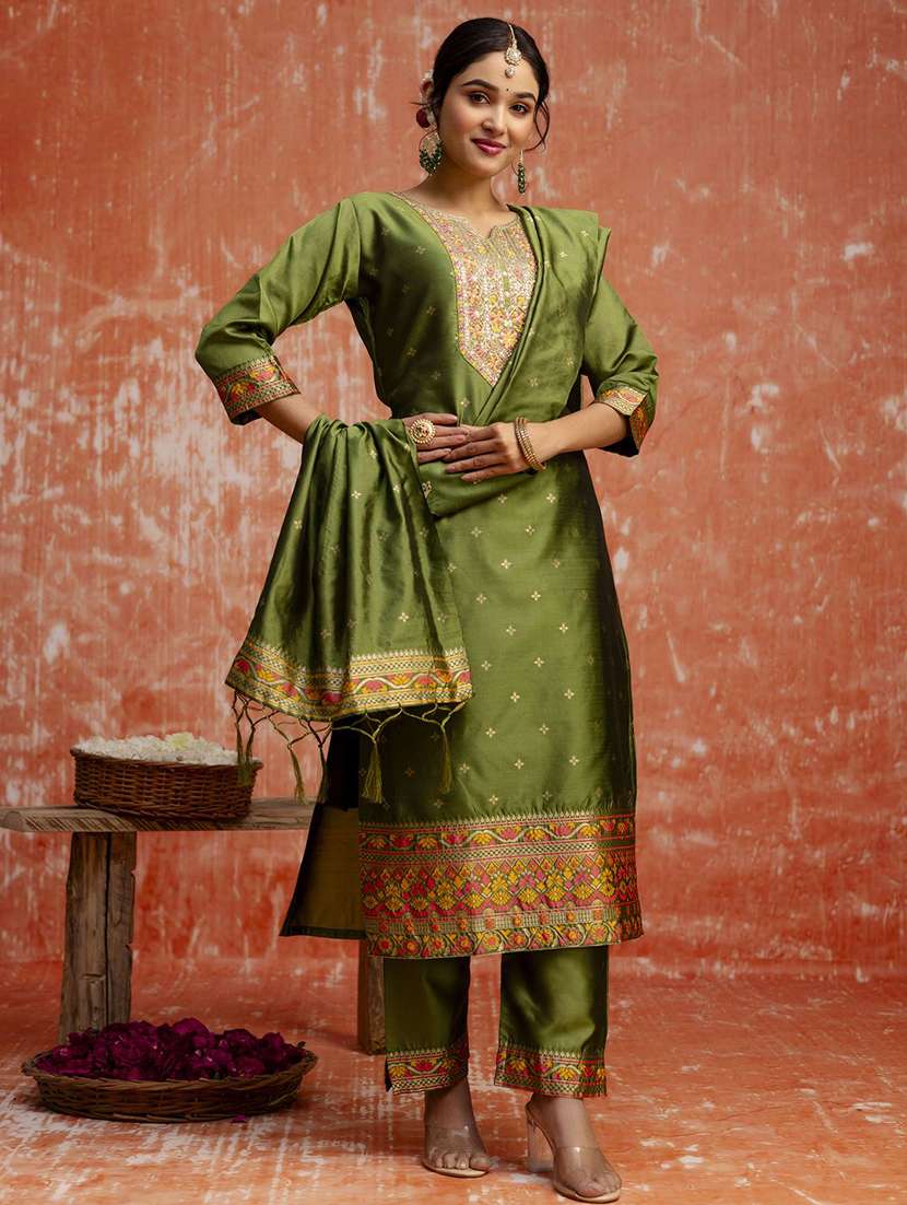 women self design green kurta dupatta set - 22440258 -  Standard Image - 2