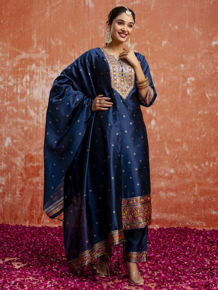 women self design blue kurta dupatta set - 22440260 -  Standard Image - 2