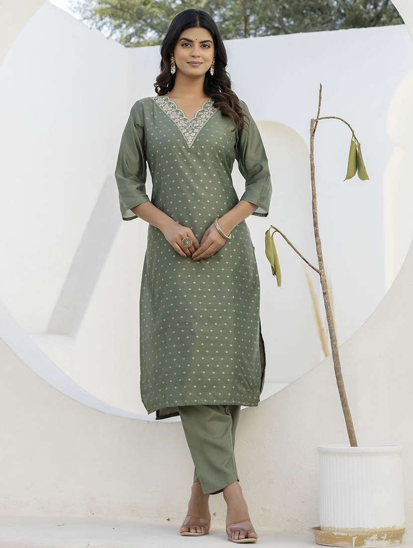 women self design green kurta dupatta set - 22440262 -  Standard Image - 2