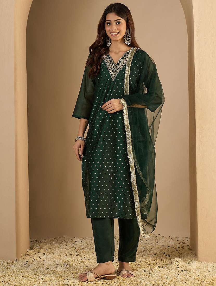 women self design green kurta dupatta set - 22440266 -  Standard Image - 2